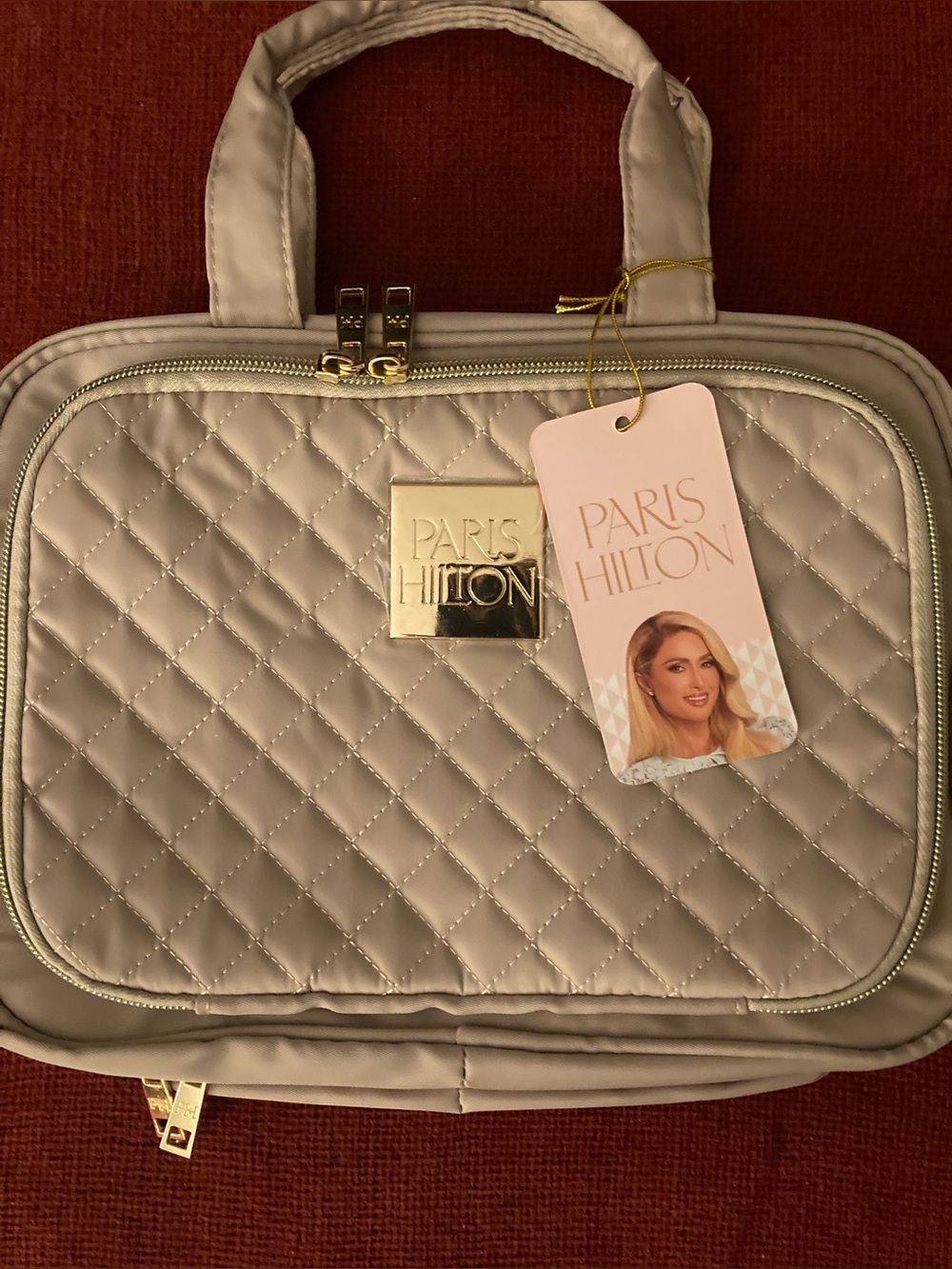 Paris Hilton Beige Quilted Travel Hanging Toiletry Bag with Gold Plaque
